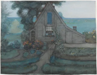 Triangulierte Bauernhausfassade mit Polder in Blau, ca. 1900